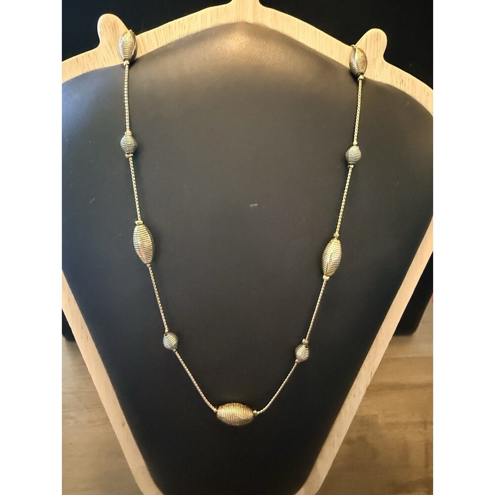 Vintage Long Station Necklace Two Tone Silver Gold Tone Textured Oval Beads 31"